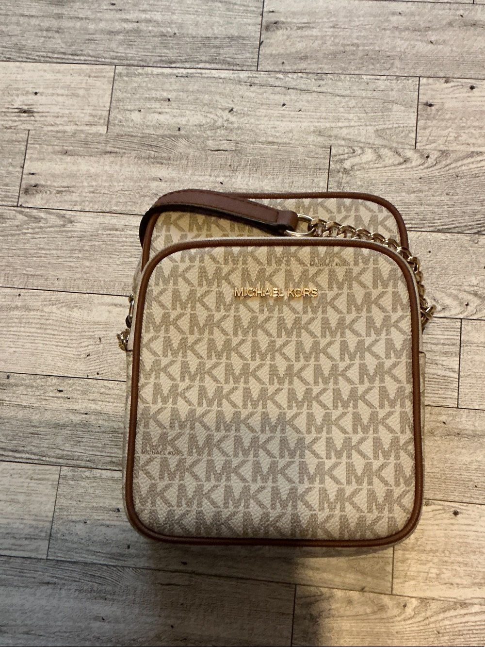 MICHAEL KORS Beige MK Signature Crossbody with Brown Trim